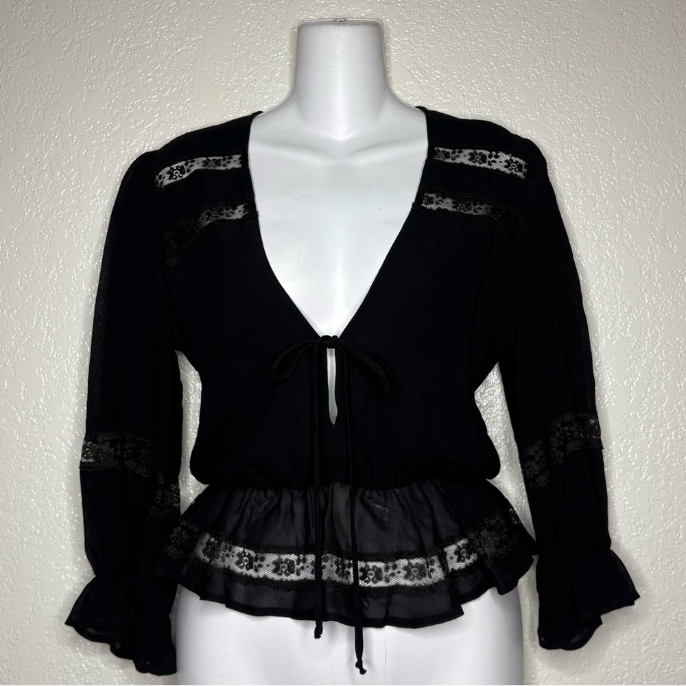 Reformation Sheer Black Lace Trim Peplum Top
